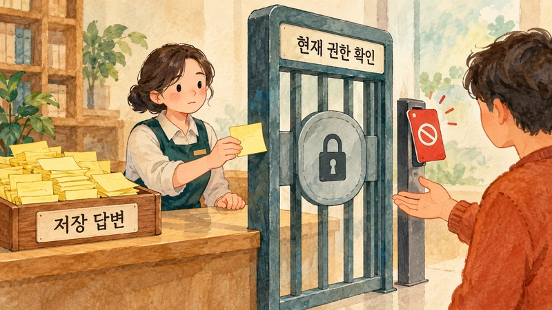 저장 답변을 현재 권한 확인 관문에서 멈추고 권한 회수된 직원에게 반환하지 않는 장면