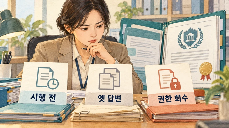 시행 전 규정과 옛 답변, 권한 회수된 자료를 공식 승인본과 대조하는 인사 담당자
