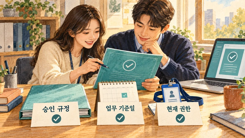 두 동료가 승인 규정 원본과 업무 기준일, 현재 권한을 함께 확인하는 장면