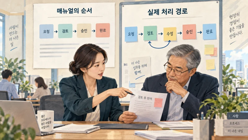 매뉴얼의 순서와 검토·수정이 반복되는 실제 업무 경로를 비교하는 담당자