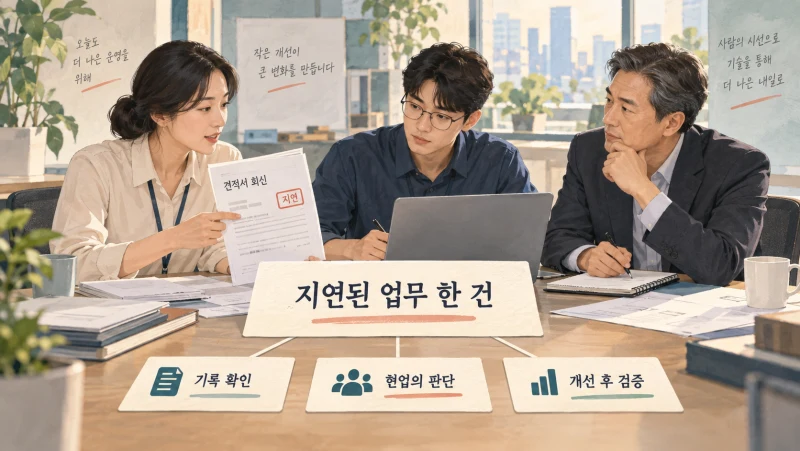 지연된 업무 한 건의 기록과 현업 판단을 검토하며 개선을 논의하는 실무자들