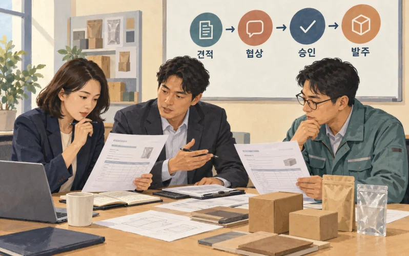 현업과 엔지니어가 견적부터 협상과 승인, 발주까지 업무 연결을 검토하는 장면