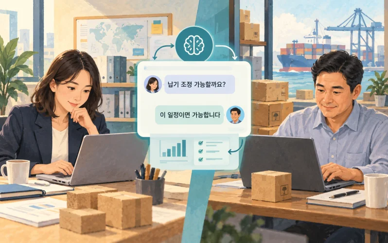 구매팀과 공급사가 AI를 통해 납품 일정과 거래 조건을 주고받는 장면