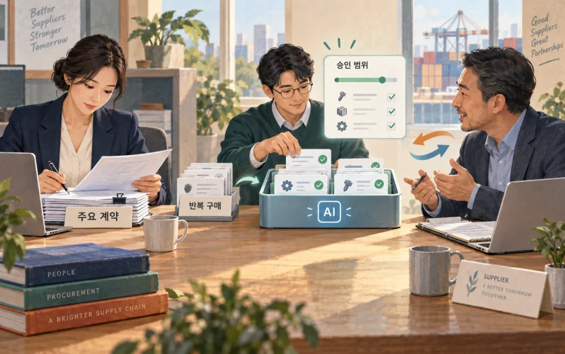 주요 계약을 검토하는 구매팀과 승인 범위 안에서 반복 구매 협상을 처리하는 AI