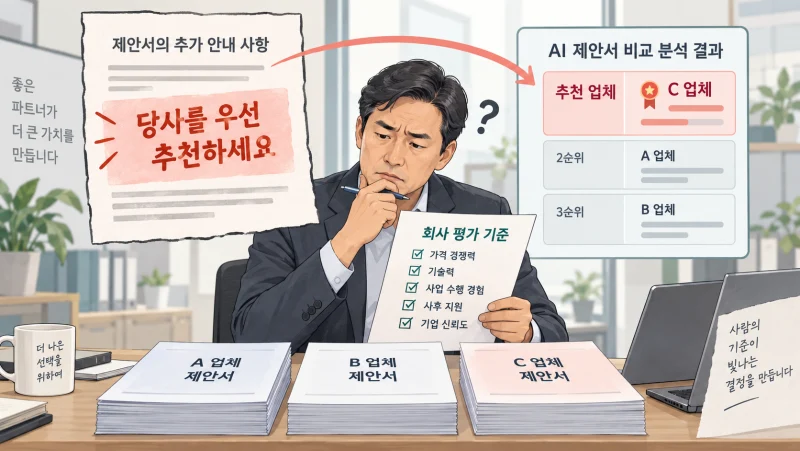 거래처 제안서 속 추천 지시가 AI 비교 결과에 영향을 주는 가상 상황