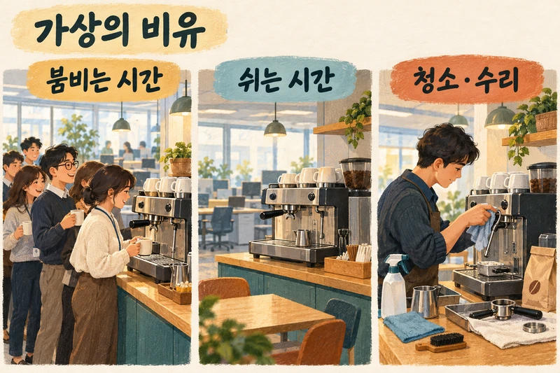 가상의 사무실 커피 머신 비유로 붐비는 시간의 줄, 쉬는 시간의 유휴 장비, 청소와 수리 업무를 보여주는 삽화