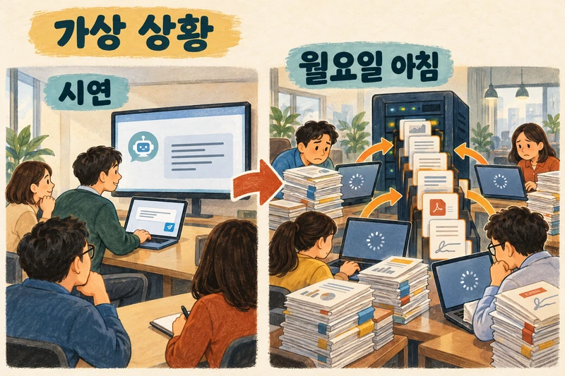 가상 상황에서 한 사람의 짧은 질문 시연과 월요일 아침 여러 직원의 긴 보고서 요청이 대기하는 상황을 대비한 삽화