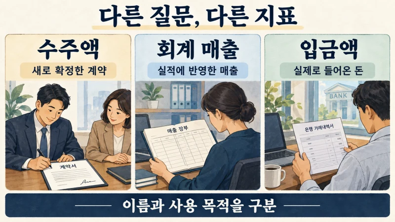 사용 목적이 다른 수주액과 회계 매출·입금액의 구분