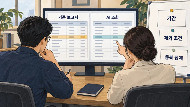 기준 보고서와 AI 조회를 대조하며 기간과 제외 조건을 확인하는 장면