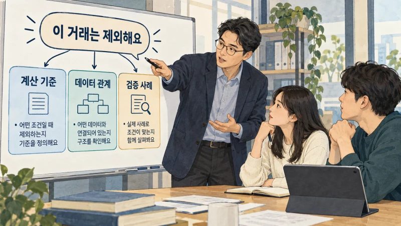 현업의 제외 기준을 계산·데이터 관계·검증 사례로 정리하는 장면