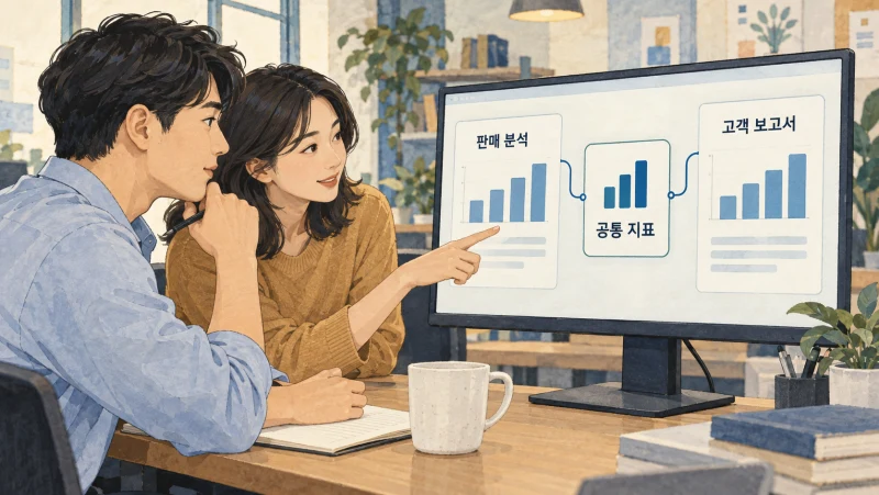 판매 분석과 고객 보고서에서 공통 지표를 사용하는 가상 협업 장면