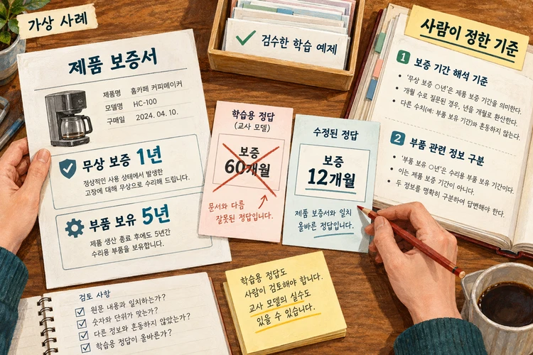 가상 보증서의 무상 보증 1년과 부품 보유 5년을 대조해 교사 모델의 보증 60개월 오답을 사람이 12개월로 교정하는 검수 책상