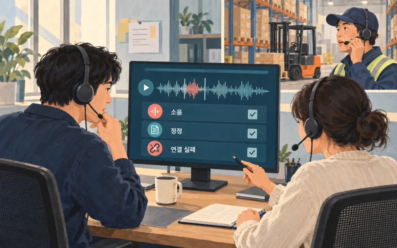 소음과 정정, 연결 실패를 포함해 물류 통화 시나리오를 시험하는 장면
