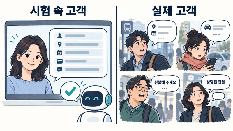 정보를 빠짐없이 정리해 주는 모의 고객과 짧거나 불완전한 요청을 주는 실제 고객들의 차이를 나타낸 개념 일러스트