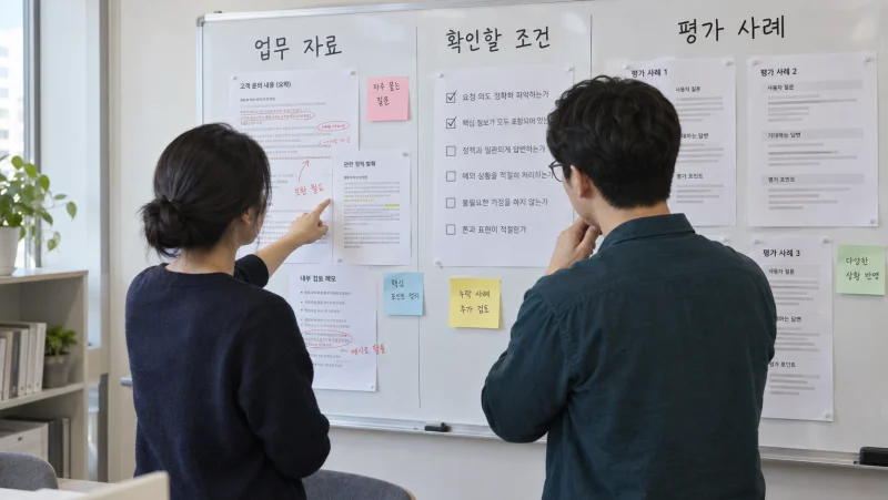 현업과 기술 담당자가 회의록과 견적 자료에서 확인할 조건을 정리해 평가 사례를 만드는 AI 생성 가상 장면